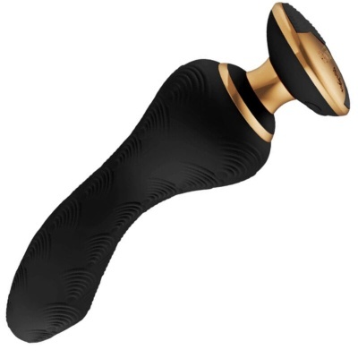 Produto negro com detalhes dourados e textura ondulada sobre fundo branco