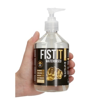Frasco transparente de gel lubrificante à base de água com tampa de bomba e rótulo preto com punho dourado