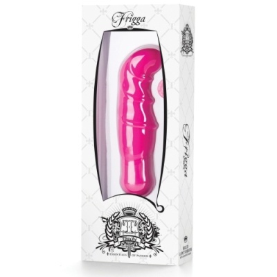 Vibrador rosa na embalagem branca com marca Frigga e detalhes em preto.