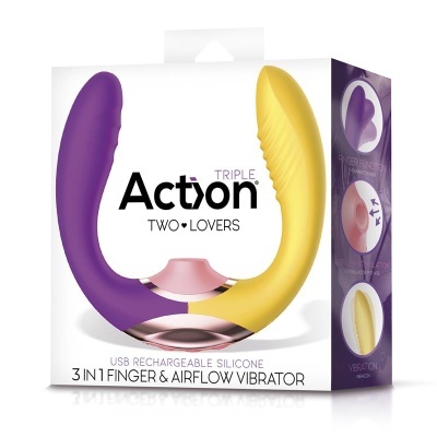 Caixa de vibrador USB recarregável Actìon Triple Two Lovers, roxo e amarelo