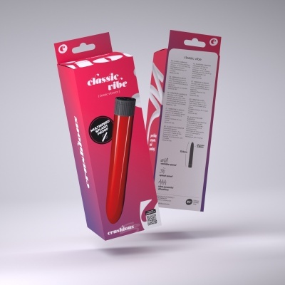 Embalagem de vibrador vermelho Classic Vibe com texto e especificações em várias línguas