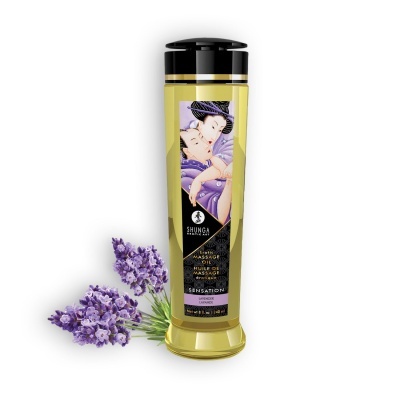 Frasco de óleo de massagem erótico com etiqueta de arte japonesa e ramos de lavanda