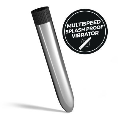 Vibrador multivelocidade resistente a salpicos prateado com tampa preta e texto indicador.