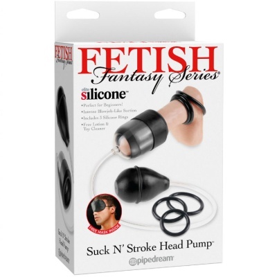 Embalagem do Fetish Fantasy Series Suck N Stroke Head Pump em silicone preto com três anéis e máscara