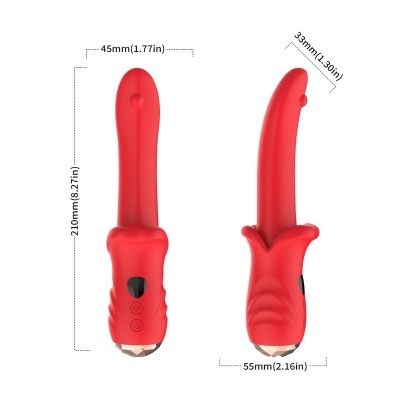 Vibrador vermelho curvado de silicone com botões e display em fundo branco.