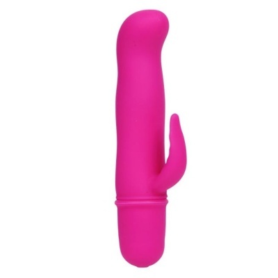 Vibrador rosa em silicone com prolongamento lateral em fundo branco