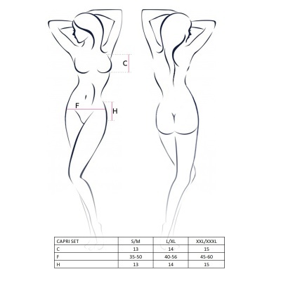 Desenhos lineares femininos vista frontal e traseira para medidas corporais com tabela de tamanhos Capri Set