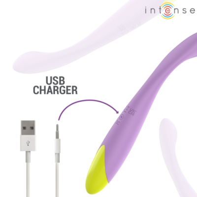 Vibrador roxo e amarelo com cabo USB para carregamento