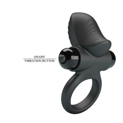 Anel vibratório preto com botão de ligar/desligar e detalhe texturizado