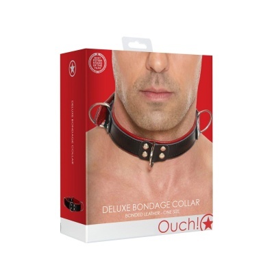 Caixa de colar de bondage deluxe em couro preto e vermelho com fivelas metálicas