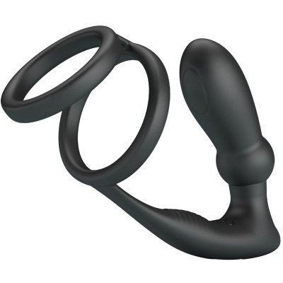 Dispositivo sexual preto de silicone com dois anéis e parte texturizada