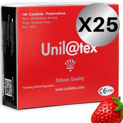 Embalagem vermelha de preservativos Unilatex com texto e morango ao lado