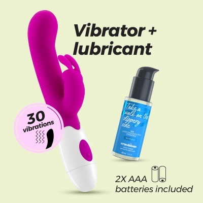 Vibrador rosa e branco com lubrificante ao lado e texto promocional