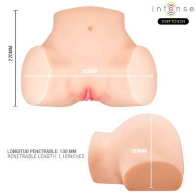 Maca artificial em silicone com medidas indicadas e texto de especificações.
