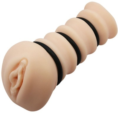Masturbador masculino em silicone cor pele com textura ondulada e bandas pretas