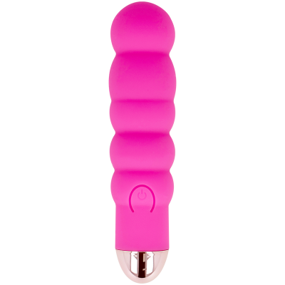 Vibrador rosa segmentado com botão e fundo metálico