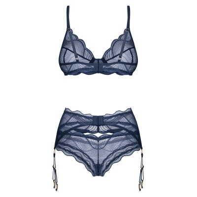 Conjunto lingerie azul escuro renda com suspensórios