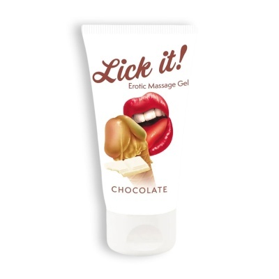 Tubo branco de gel para massagem erótica com texto e ilustração de lábios e gelado