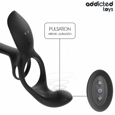 Anel vibratório preto com controle remoto e texto PULSATION efecto pulsación