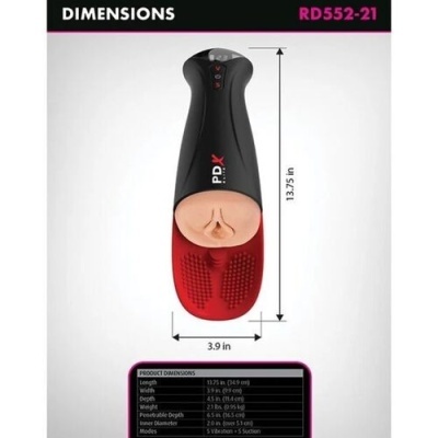 Dispositivo ergonómico preto e vermelho com parte frontal em tom de pele e textura na base vermelha