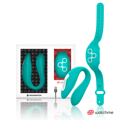 Produto tecnológico azul-turquesa da marca watchme com embalagem e cabo USB