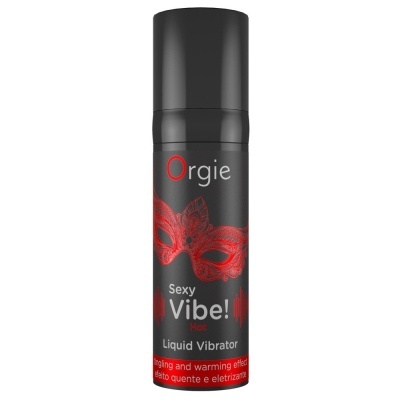 Frasco preto de líquido vibrador Orgie com máscara vermelha e texto em branco e vermelho