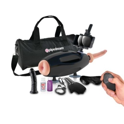 Conjunto de máquina sexual preta com acessórios, mala preta e controlo remoto