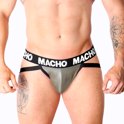 Cueca jockstrap masculina cinzenta com elástico preto escrito MACHO em branco