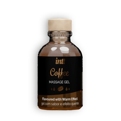 Frasco de vidro castanho com tampa bege e rótulo preto e castanho de gel de massagem de café