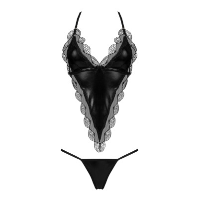 Conjunto de lingerie preto com renda e tecido brilhante