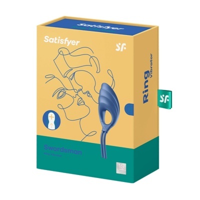 Caixa colorida com vibrador azul e texto da marca Satisfyer