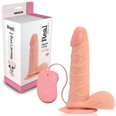 Dildo realista com base ventosa e controlo remoto rosa ao lado da embalagem branca com texto.