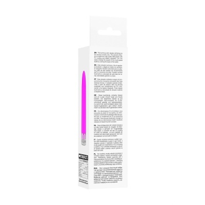 Caixa branca com vibrador fino cor-de-rosa e texto descritivo multilíngue