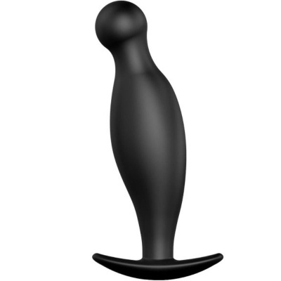 Plugue anal preto em silicone com formato curvo e base larga