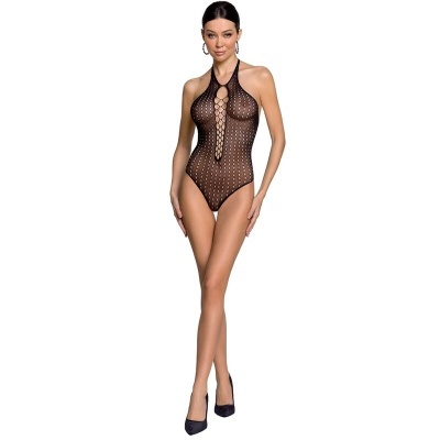 Body feminino preto em malha com padrão de orifícios e decote profundo