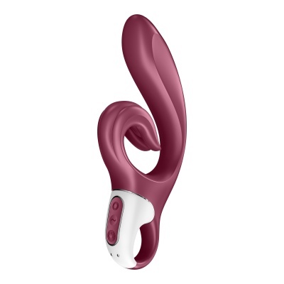 Vibrador roxo e branco com botões, fundo branco