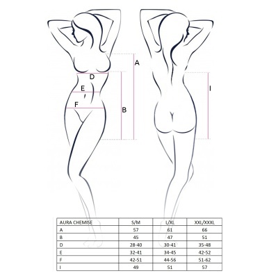 Desenho de figura feminina com medições de corpo e tabela de tamanhos AURA CHEMISE