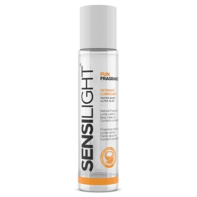 Frasco transparente de lubrificante íntimo SENSILIGHT com detalhes em laranja e tampa branca