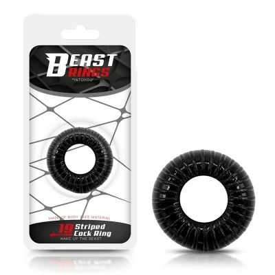 Anel peniano preto estriado com embalagem BEAST RINGS