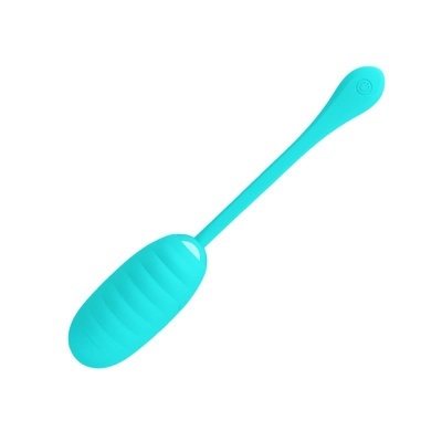 Dispositivo azul em silicone com formato oval e alça alongada com botão de ligar