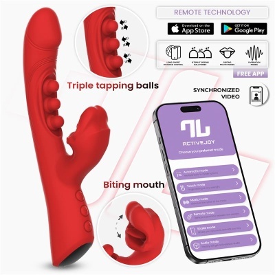 Vibrador vermelho com esferas e parte móvel ao lado de smartphone com app ACTIVEJOY
