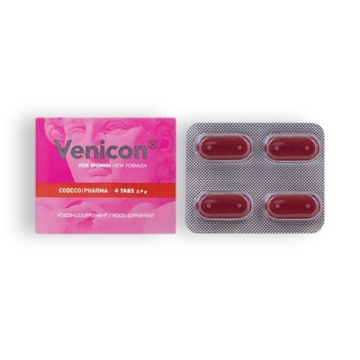 Caixa rosa de suplemento alimentar Venicon e blister com 4 comprimidos vermelhos