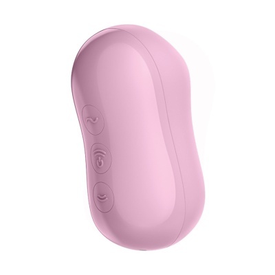 Dispositivo eletrônico cor-de-rosa com três botões e fundo branco