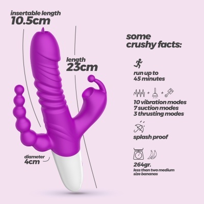 Vibrador roxo com múltiplas extremidades e base branca sobre fundo rosa com detalhes em texto