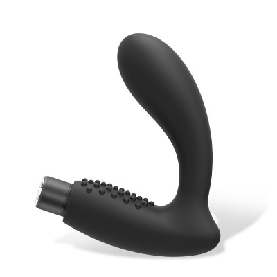 Produto de silicone preto com textura pontilhada e extremidade metálica