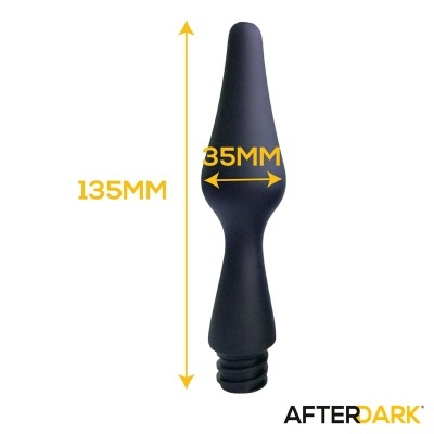Produto cónico preto em silicone com medidas em milímetros e logo AFTERDARK