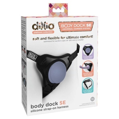 Embalagem de arnês strap-on de silicone preto com cúpula lilás Body Dock SE