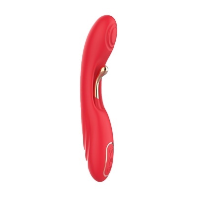 Vibrador vermelho com detalhes dourados e botões em fundo branco