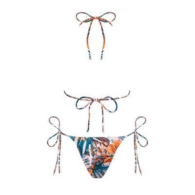 Biquíni duas peças com padrão tropical azul, laranja e branco