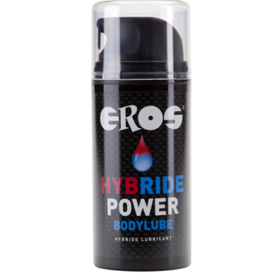 Frasco preto de lubrificante corporal Eros Hybride Power com tampa transparente